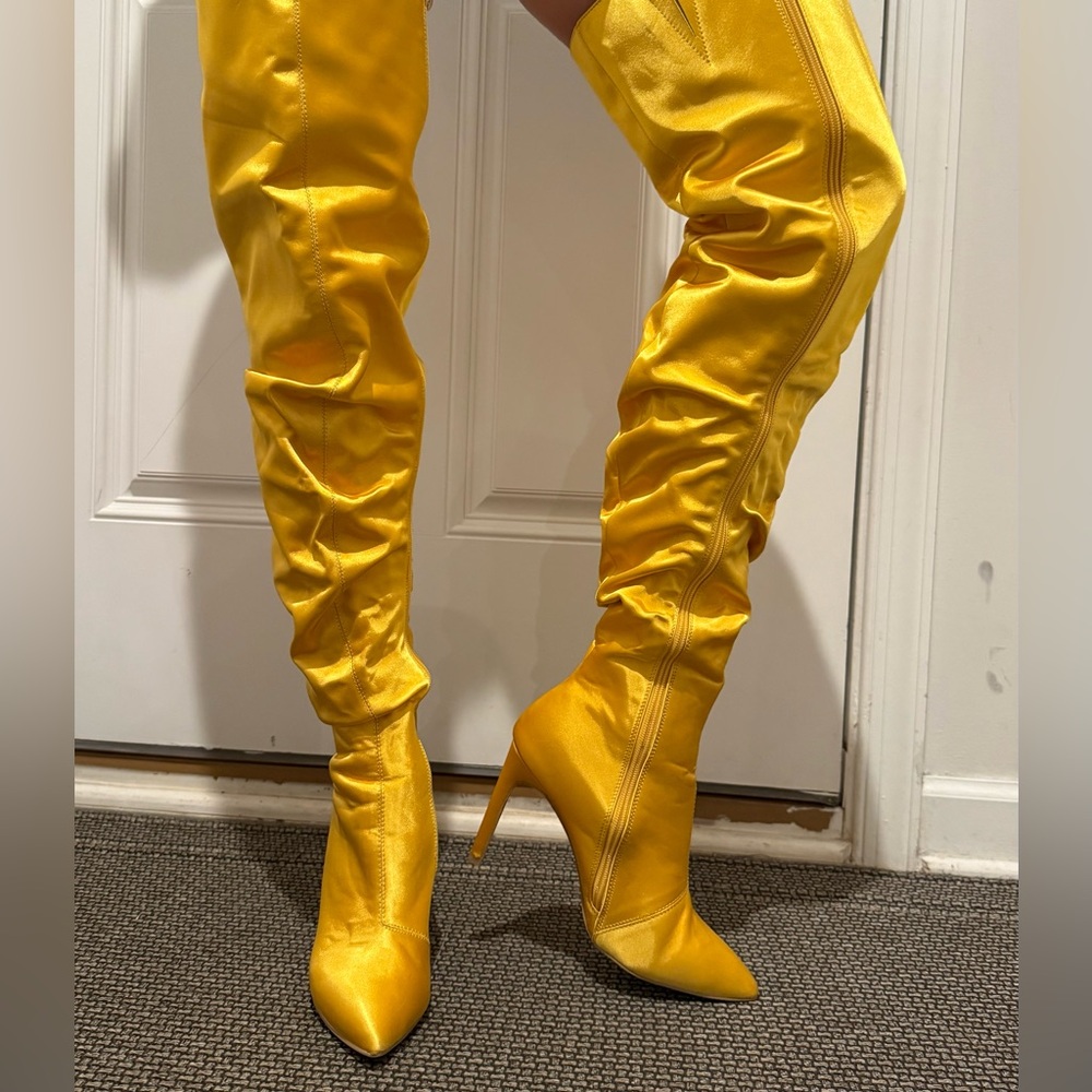 High heels Sexy Yellow Satin Over-the-Knee Stiletto High Boots - 6.5